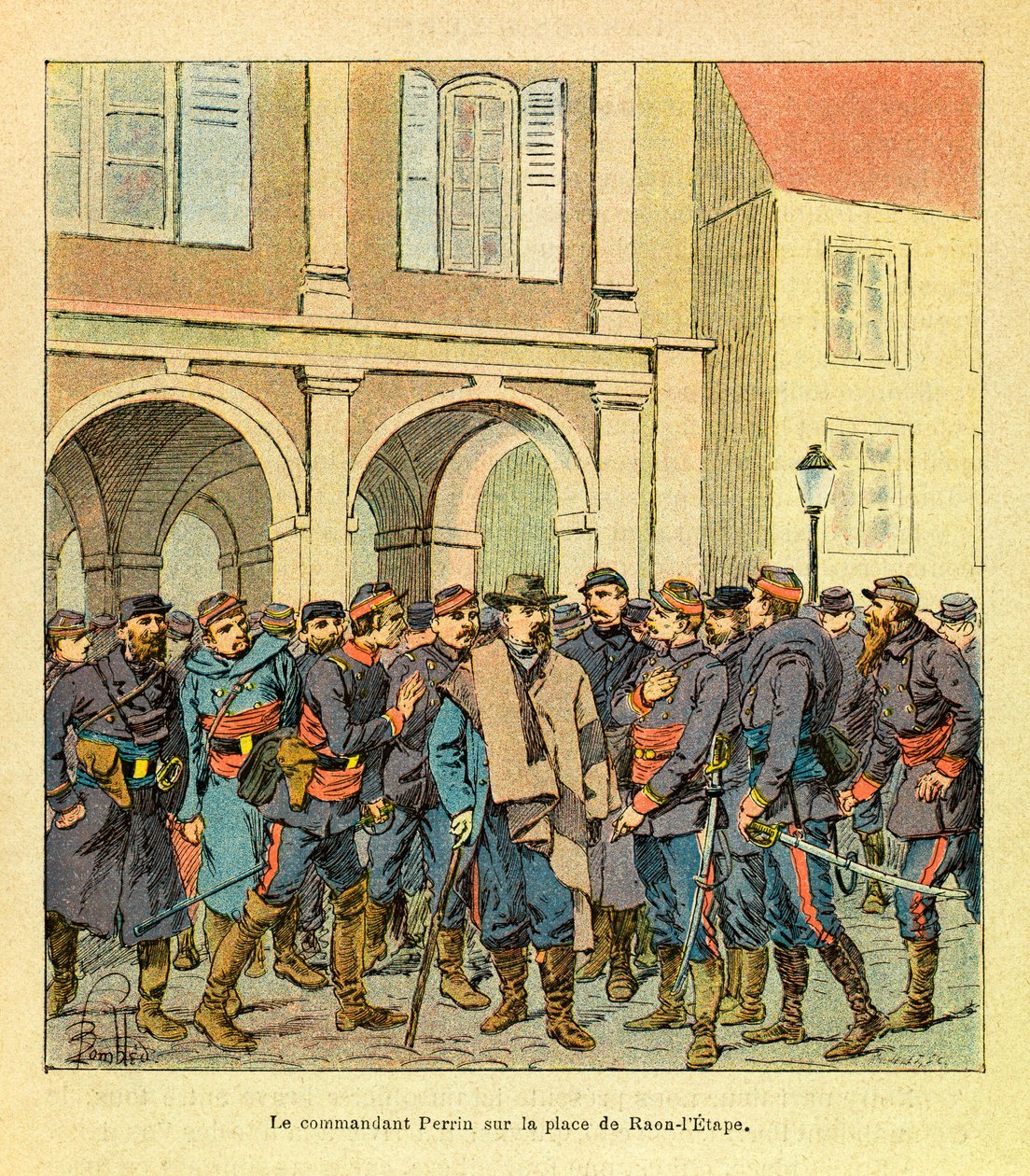 The Eastern Armee of Eugene Sergeant, känd som Grenest, illustrerad av Louis Bombled (1862-1927) (fransk-tyska kriget; kampanj 1870 -1871): Kommendör Perrin på Place de Raon-l