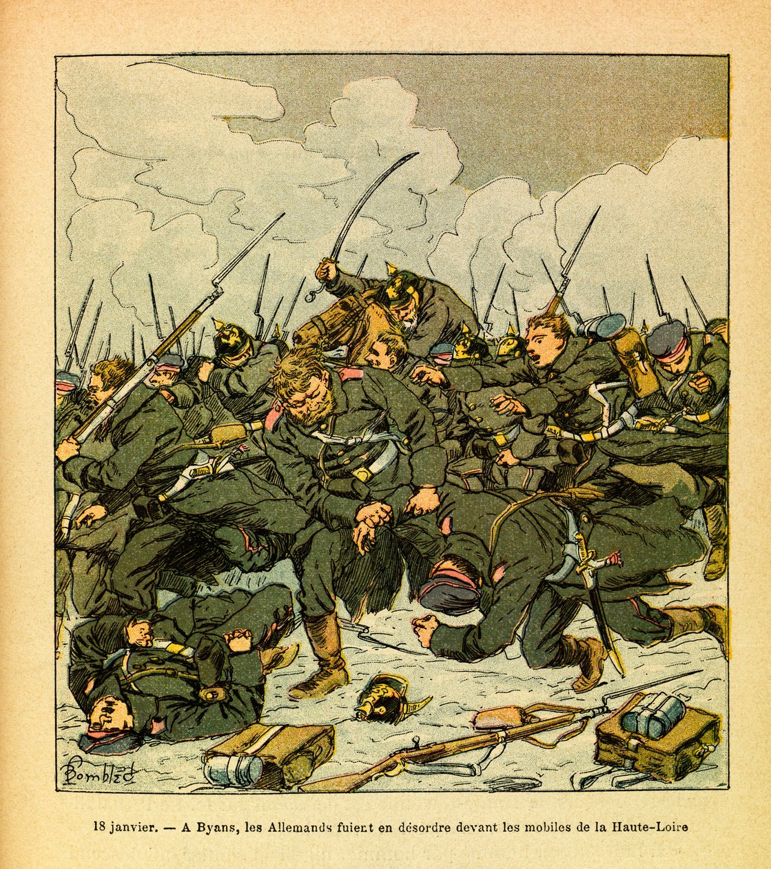 Eugene Sergeants östra armé, känd som Grenest, illustrerad av Louis Bombled (1862-1927) (fransk-tyska kriget; kampanjen 1870-1871): Den 18 januari av Louis Charles Bombled