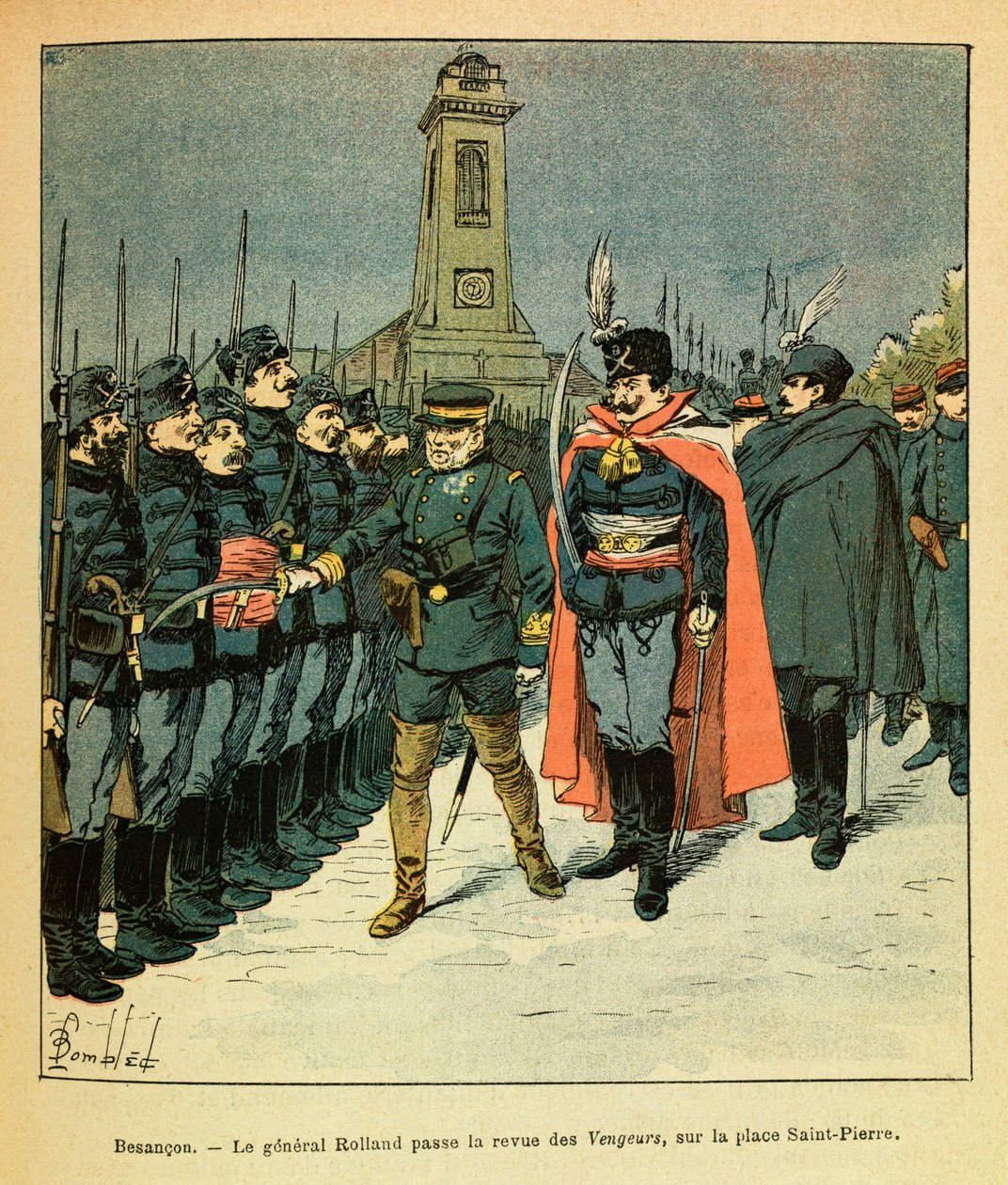 The Eastern Armee of Eugene Sergeant, känd som Grenest, illustrerad av Louis Bombled (1862-1927) (fransk-tyska kriget; kampanj 1870-1871): I Besancon granskar general Rolland företaget "Avengers" på uppdrag av Malicki, Private Collection av Louis Charles Bombled