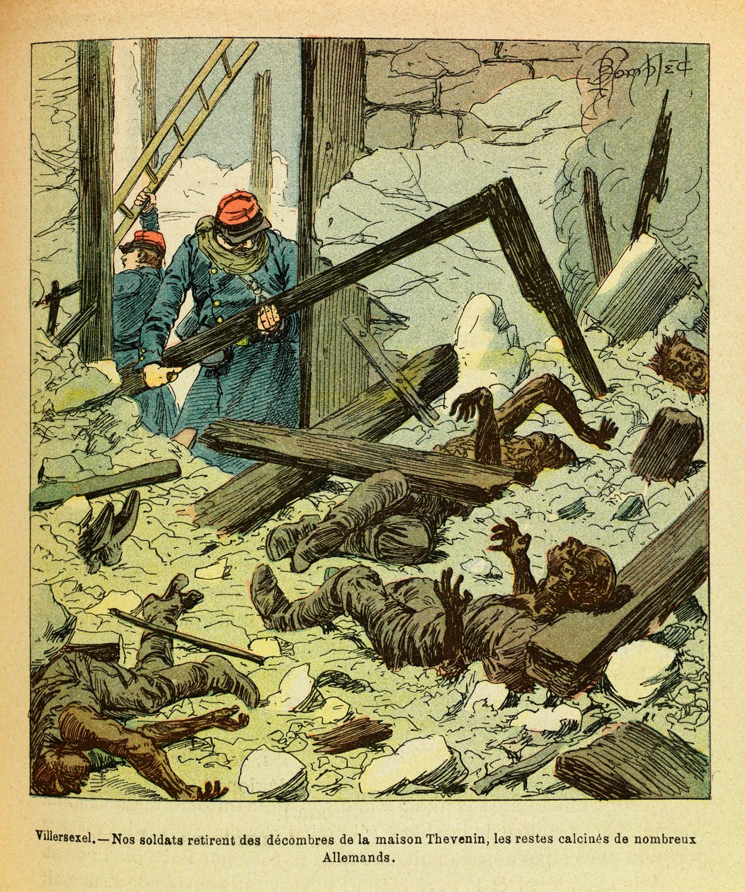 The Eastern Armee of Eugene Sergeant, känd som Grenest, illustrerad av Louis Bombled (1862-1927) (fransk-tyska kriget; kampanj 1870 -1871): Januari 1871, slaget vid Villersexel, franska soldater tar bort resterna av tyska från ett hus soldater, menig C av Louis Charles Bombled