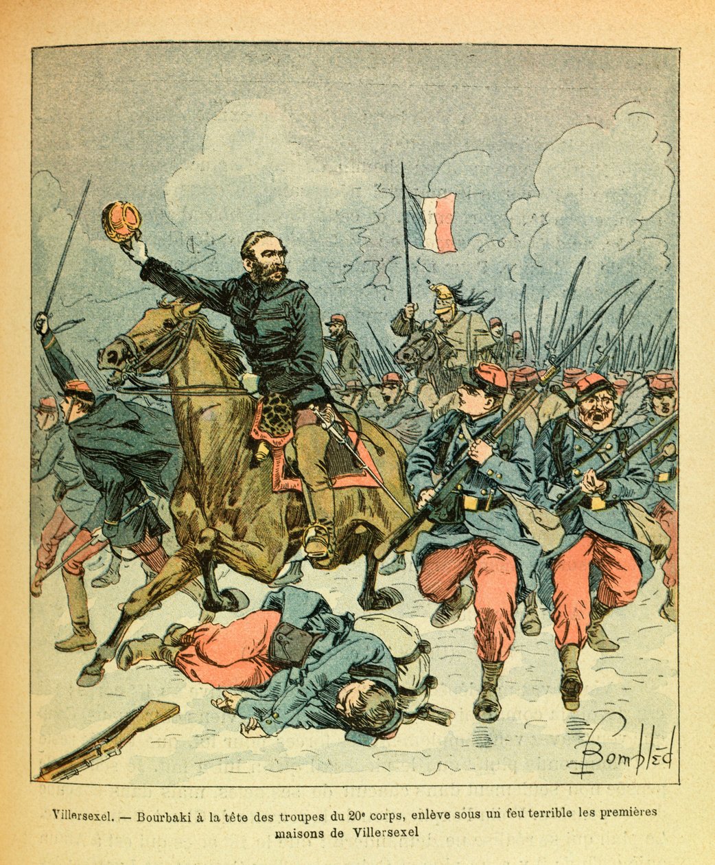 Eugene Sergeants östra armé, känd som Grenest, illustrerad av Louis Bombled (1862-1927) (fransk-tyska kriget; kampanjen 1870-1871): I januari 1871 tog general Bourbaki, i spetsen för den 20:e kårens trupper, under en fruktansvärd eldgivning bort den första av Louis Charles Bombled