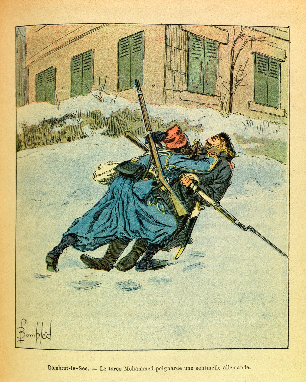 The Eastern Armee of Eugene Sergeant, känd som Grenest, illustrerad av Louis Bombled (1862-1927) (fransk-tyska kriget; kampanj 1870 -1871): Vid Dombrot Le Sec knivhugger turken Mohammed en tysk vaktpost, privat samling av Louis Charles Bombled