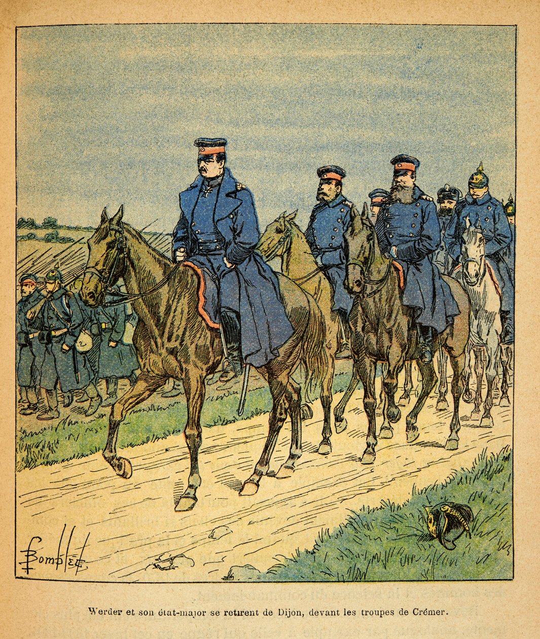 The Eastern Armee of Eugene Sergeant, känd som Grenest, illustrerad av Louis Bombled (1862-1927) (fransk-tyska kriget; kampanj 1870 -1871): General Werder och hans generalstab i Dijon inför trupperna av general Cremer, privat samling av Louis Charles Bombled