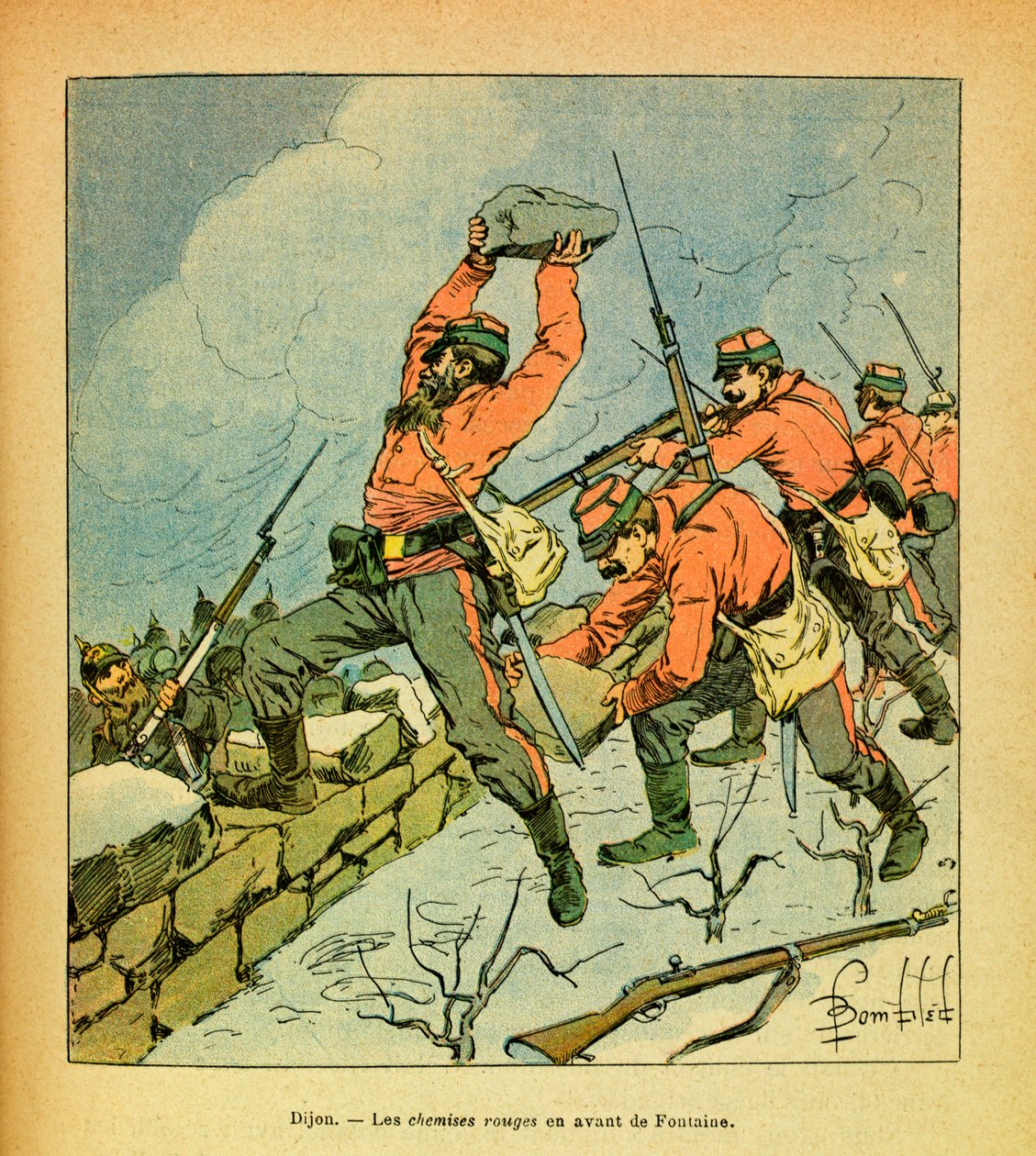 The Eastern Armee of Eugene Sergeant, känd som Grenest, illustrerad av Louis Bombled (1862-1927) (Frankisk-tyska kriget; kampanj 1870-1871): Garibaldis röda skjortor framför Fontaine under slagen vid Dijon i januari 1871, Privat samling av Louis Charles Bombled