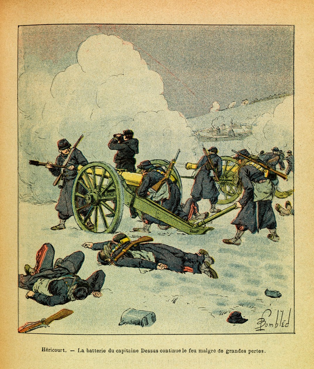 The Eastern Armee of Eugene Sergeant, känd som Grenest, illustrerad av Louis Bombled (1862-1927) (fransk-tyska kriget; kampanj 1870 -1871): Januari 1871, Hericourt, kapten Dessus batteri fortsätter elden av stora förluster, privat samling av Louis Charles Bombled