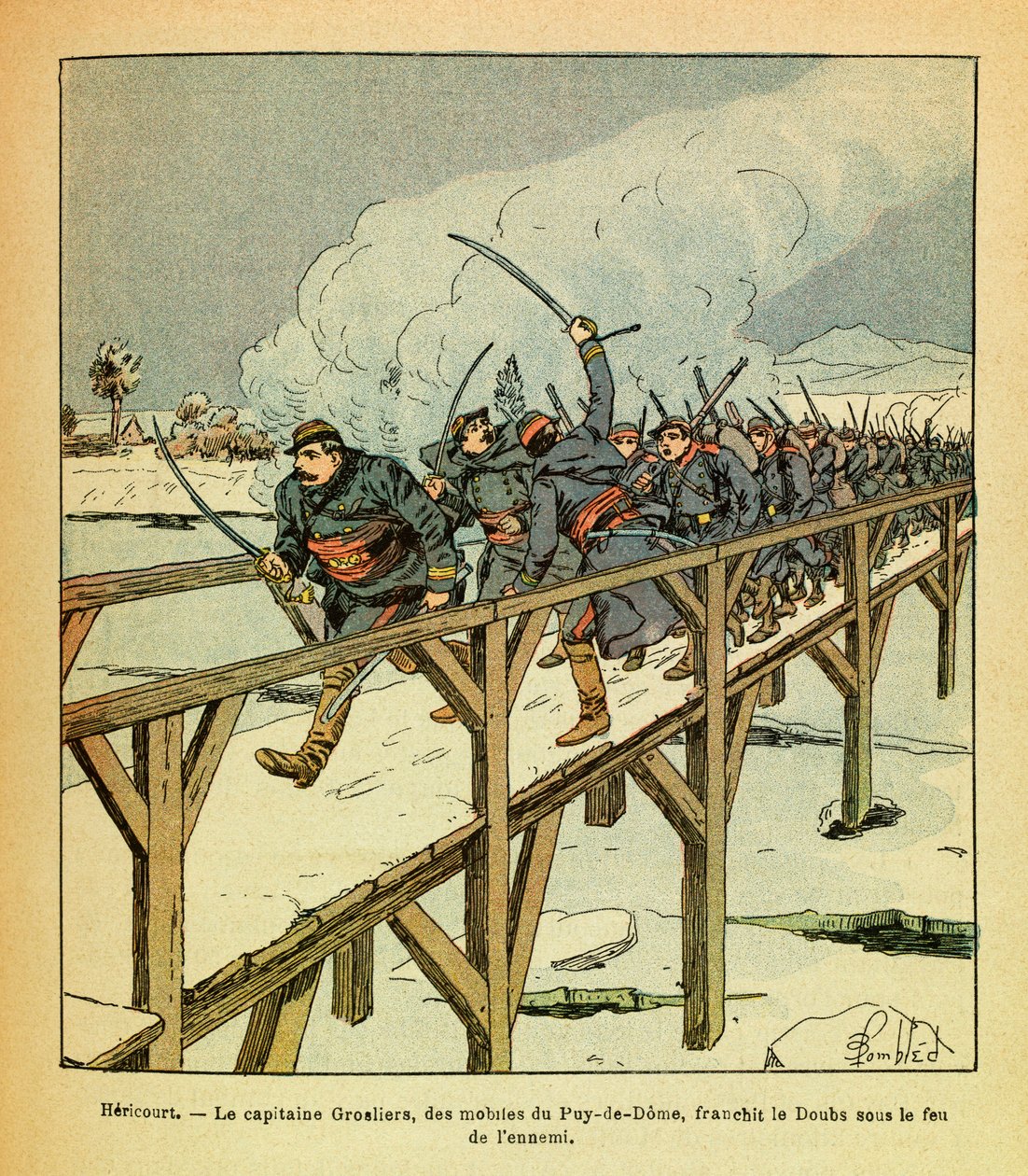 Eugene Sergeants östra armé, känd som Grenest, illustrerad av Louis Bombled (1862-1927) (fransk-tyska kriget; kampanjen 1870-1871): Januari 1871, Hericourt, kapten Grosliers och motiv för Puy de Dome korsar Doubs under fiendens beskjutning, Privat av Louis Charles Bombled