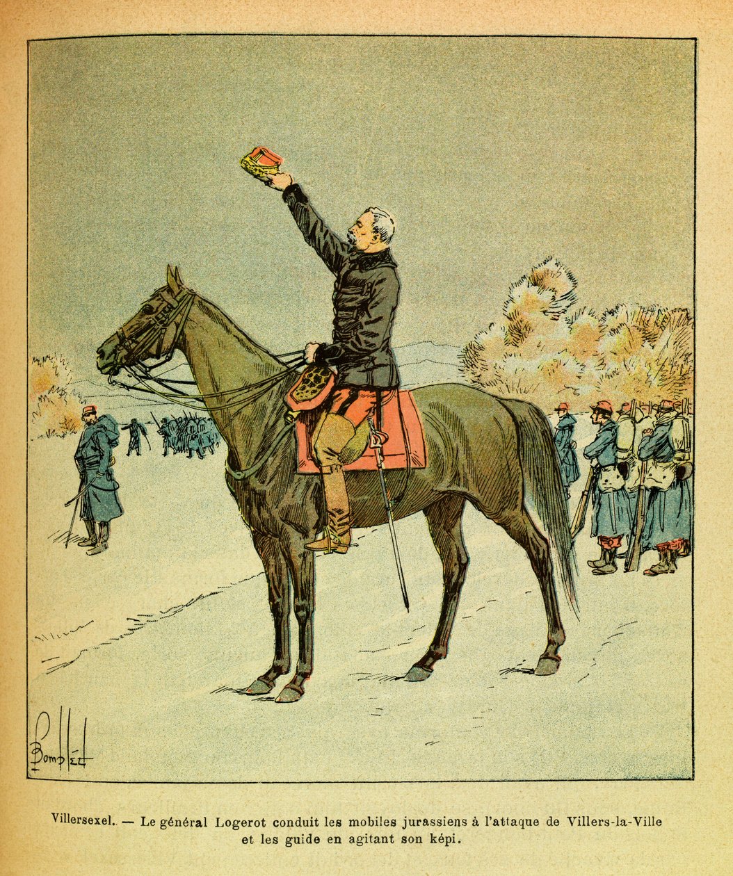 Eugene Sergeants östra armé, känd som Grenest, illustrerad av Louis Bombled (1862-1927) (fransk-tyska kriget; kampanjen 1870-1871): Slaget vid Villersexel, januari 1871, general Logerot ledde den jürsikanska mobiltruppen till anfallet vid Villers La Ville  av Louis Charles Bombled