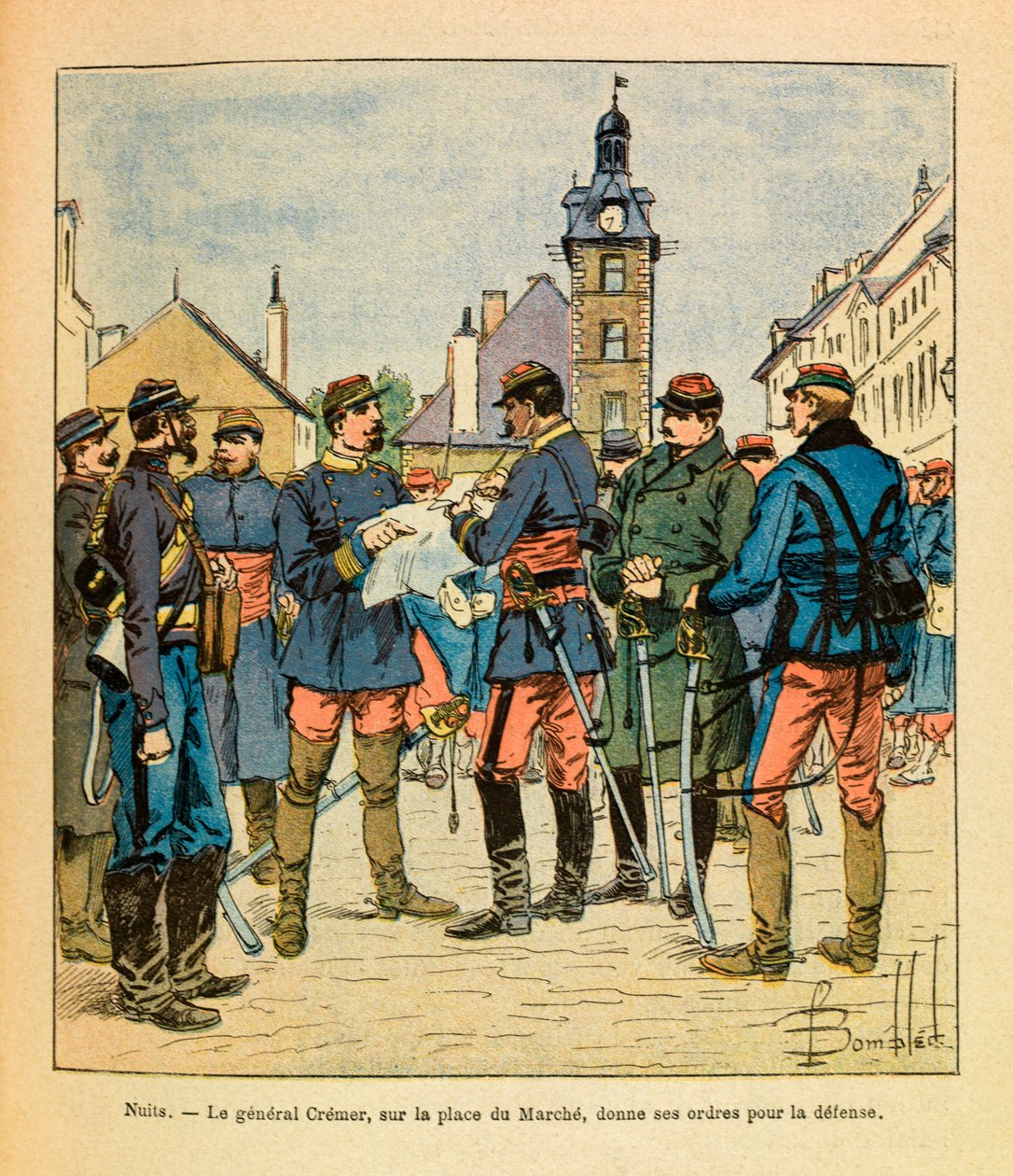 The Eastern Armee of Eugene Sergeant, känd som Grenest, illustrerad av Louis Bombled (1862-1927) (fransk-tyska kriget; kampanj 1870 -1871): Slaget vid Nuits Saint Georges; General Cremer på Marche Square ger sina order om försvar, december 1870, Pr av Louis Charles Bombled