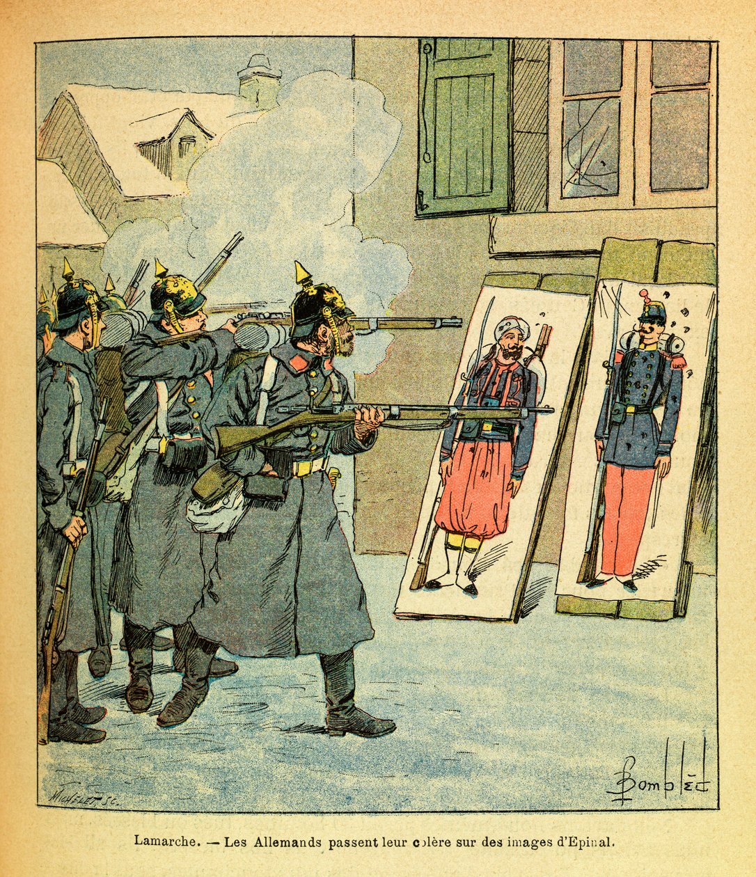 The Eastern Armee of Eugene Sergeant, känd som Grenest, illustrerad av Louis Bombled (1862-1927) (fransk-tyska kriget; kampanj 1870-1871): I Lamarche spenderar tyska soldater sin ilska på bilder av Epinal, Collection Partial av Louis Charles Bombled