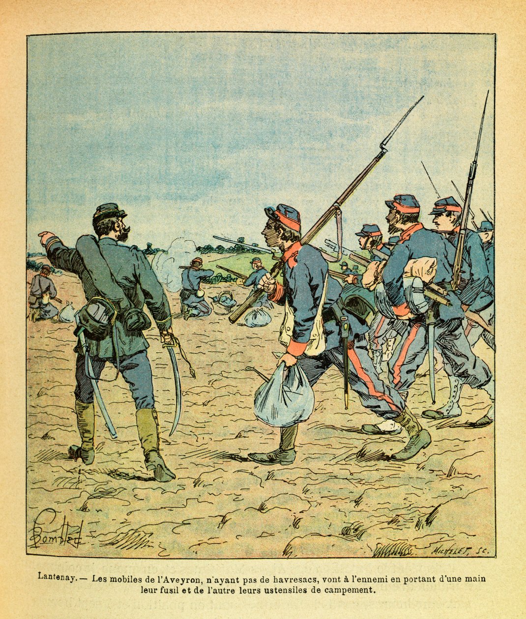 The Eastern Armee of Eugene Sergeant, känd som Grenest, illustrerad av Louis Bombled (1862-1927) (fransk-tyska kriget; kampanj 1870 -1871): Slaget vid Lantenay i november 1870, Aveyron-mobiltelefonerna utan havresaker går till fienden bär deras ri av Louis Charles Bombled