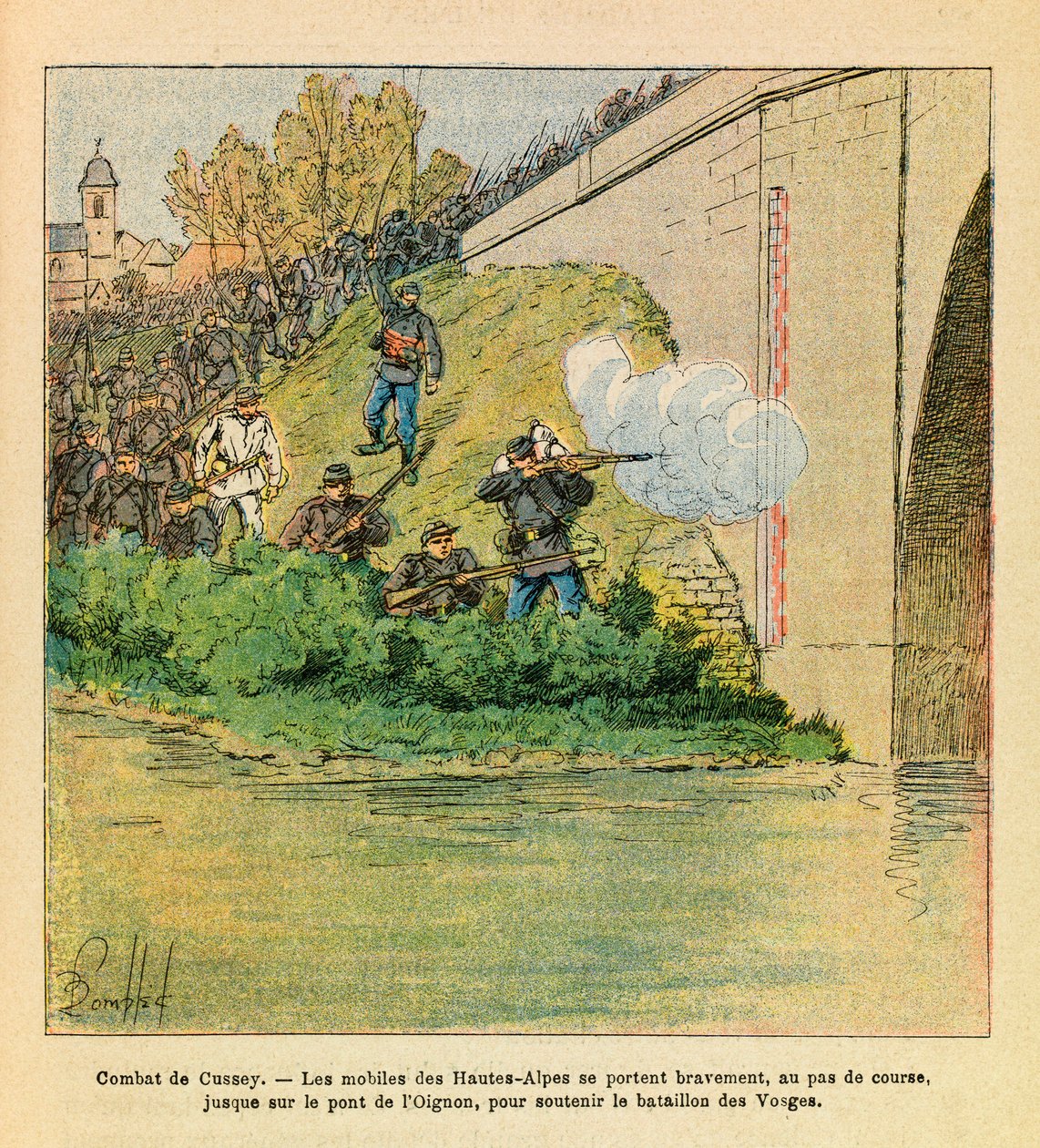 The Eastern Armee of Eugene Sergeant, känd som Grenest, illustrerad av Louis Bombled (1862-1927) (fransk-tyska kriget; kampanj 1870-1871): Les mobiles des Hautes Alpes ger en hand till bataljonen Vosges under striderna mot Cussey på Ognon (dou av Louis Charles Bombled