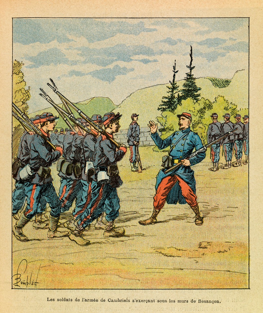 The Eastern Armee of Eugene Sergeant, känd som Grenest, illustrerad av Louis Bombled (1862-1927) (fransk-tyska kriget; kampanj 1870 -1871): Soldaterna från general Cambriels armé övar under Besancons murar, privat samling av Louis Charles Bombled