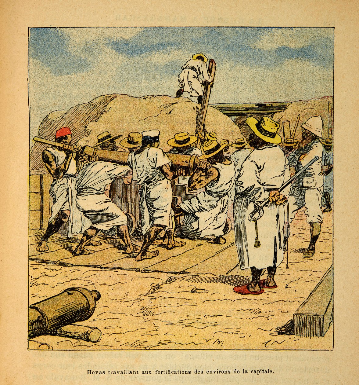 Kriget i Madagaskar-Anekdotisk historia om de franska expeditionerna 1885-1895 av Henri Galli dit Galllichet (1854-1922), illustrerad av Louis Bombled (1862-1927): Hovas arbetar vid befästningarna i huvudstaden 1895, privat samling av Louis Charles Bombled