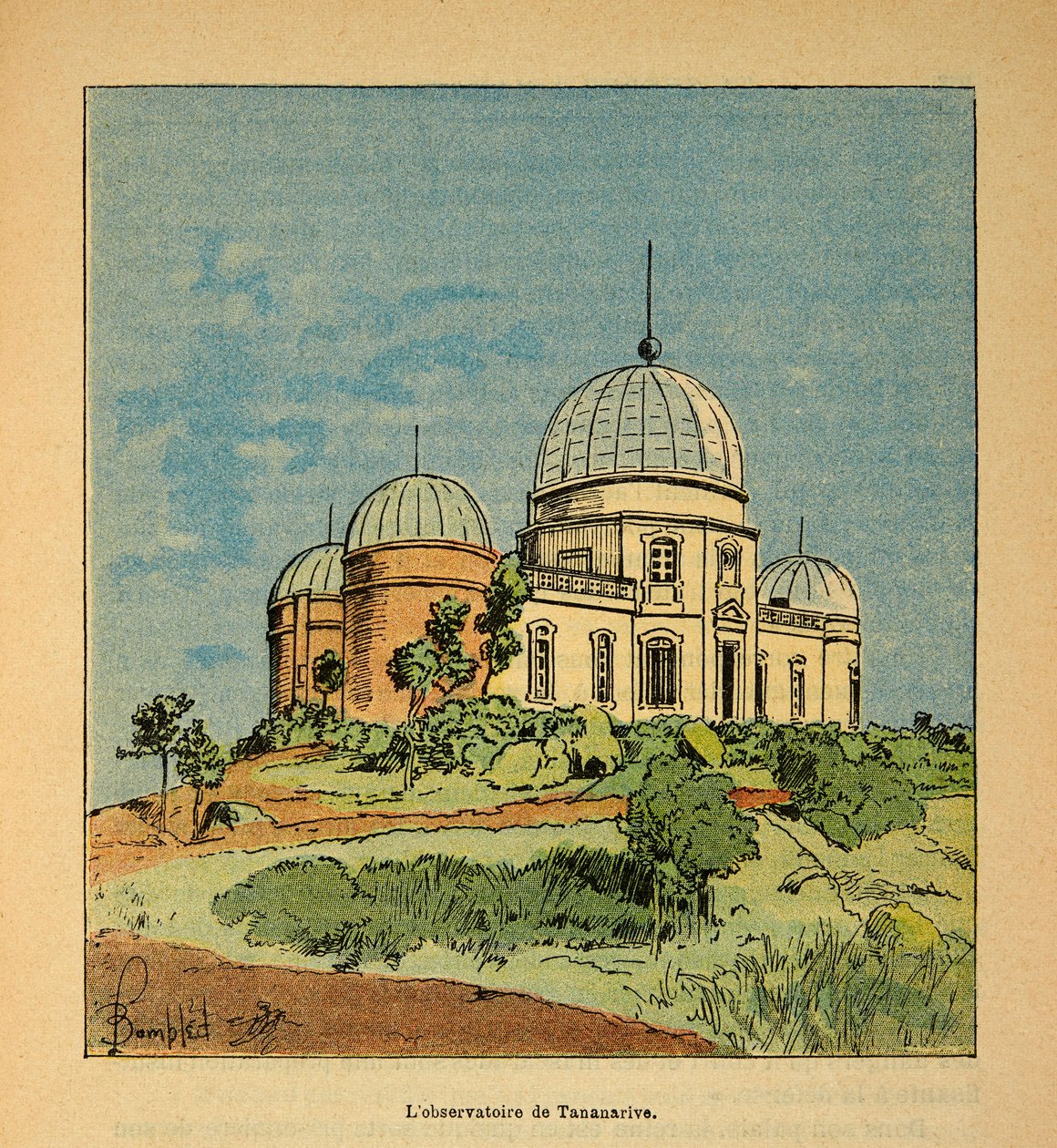 Kriget i Madagaskar-Anekdotisk historia om de franska expeditionerna 1885-1895 av Henri Galli dit Galllichet (1854-1922), illustrerad av Louis Bombled (1862-1927): The Tananarive Observatory 1895, privat samling av Louis Charles Bombled