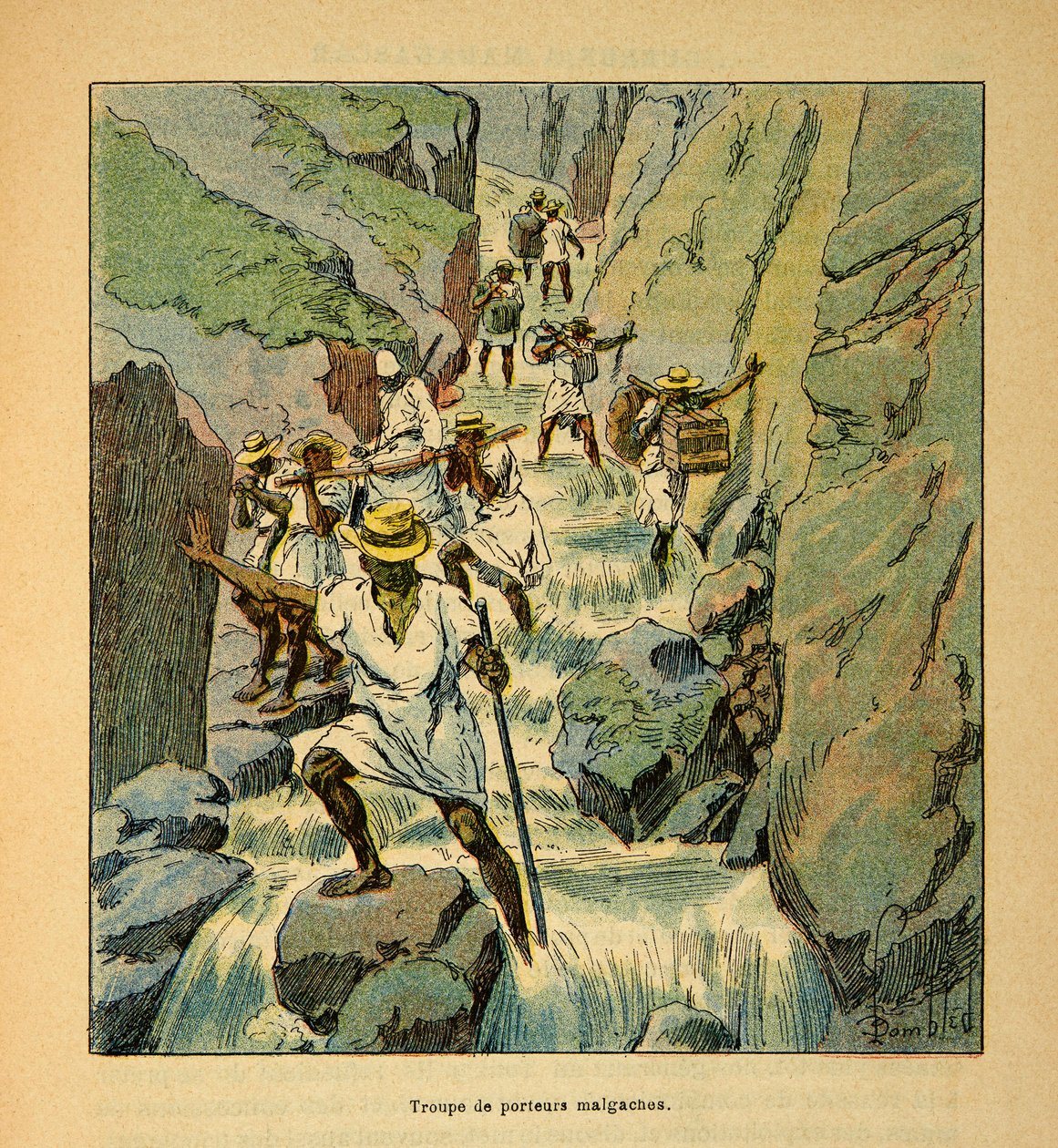 Kriget i Madagaskar-Anekdotisk historia om de franska expeditionerna 1885-1895 av Henri Galli dit Galllichet (1854-1922), illustrerad av Louis Bombled (1862-1927): Madagaskars transporttrupper 1895, privat samling av Louis Charles Bombled