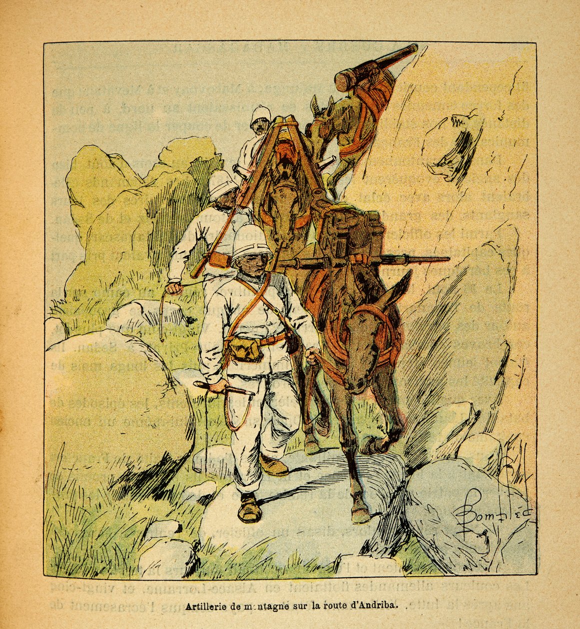 Kriget i Madagaskar-Anekdotisk historia om de franska expeditionerna 1885-1895 av Henri Galli dit Galllichet (1854-1922), illustrerad av Louis Bombled (1862-1927): Bergsartilleri på Andribavägen till Madagaskar 1895, privat samling av Louis Charles Bombled