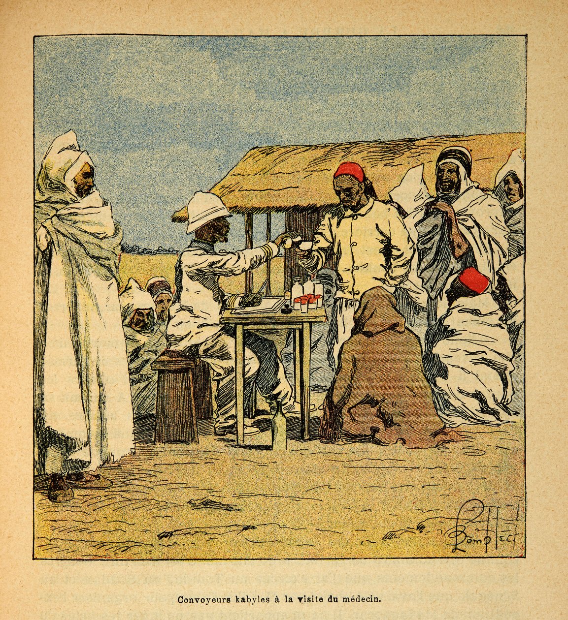 Kriget i Madagaskar-Anekdotisk historia om de franska expeditionerna 1885-1895 av Henri Galli dit Galllichet (1854-1922), illustrerad av Louis Bombled (1862-1927): Convoyeurs Kabiles ett besök av en militärläkare, Privat samling av Louis Charles Bombled