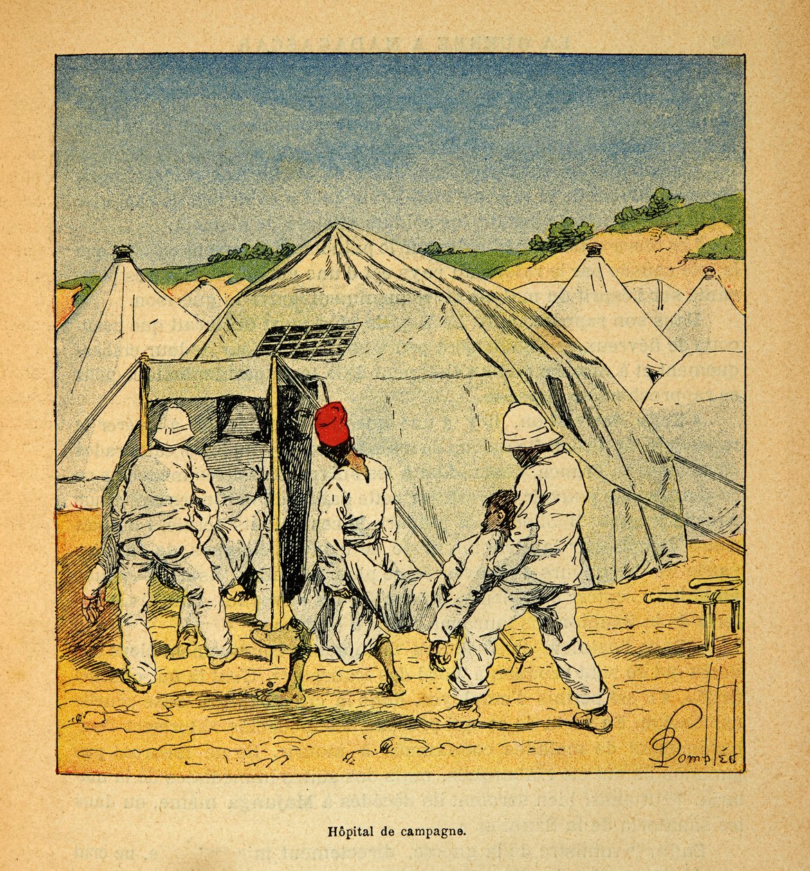 Kriget i Madagaskar-Anekdotisk historia om de franska expeditionerna 1885-1895 av Henri Galli dit Galllichet (1854-1922), illustrerad av Louis Bombled (1862-1927): Militärfältsjukhuset i Madagaskar 1895, privat samling av Louis Charles Bombled