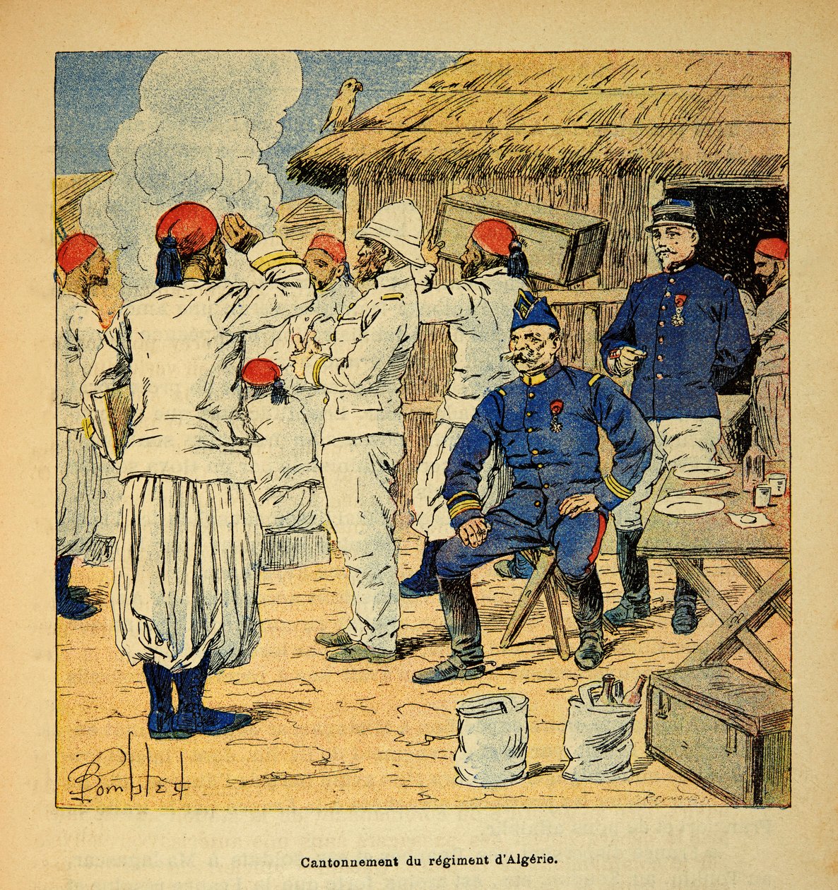 Kriget i Madagaskar-Anekdotisk historia om de franska expeditionerna 1885-1895 av Henri Galli dit Galllichet (1854-1922), illustrerad av Louis Bombled (1862-1927): Kantonering av regementet Algeriet under den franska expeditionen till Madagaskar 1895 , P av Louis Charles Bombled