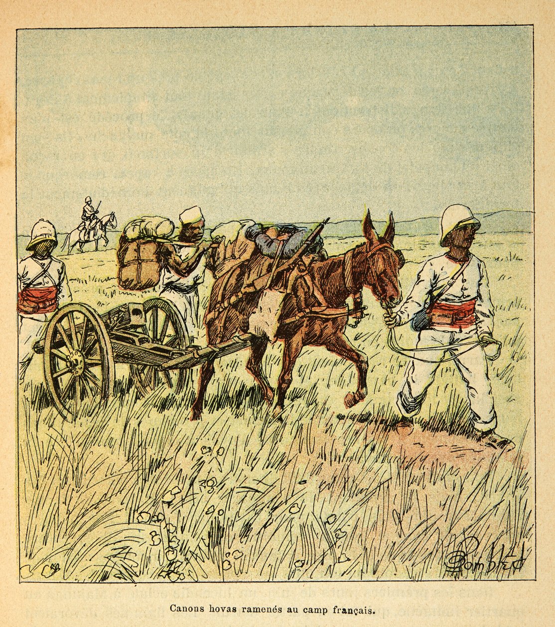 Kriget i Madagaskar-Anekdotisk historia om de franska expeditionerna 1885-1895 av Henri Galli dit Galllichet (1854-1922), illustrerad av Louis Bombled (1862-1927): Hovas-kanoner fördes tillbaka till det franska lägret, privat samling av Louis Charles Bombled