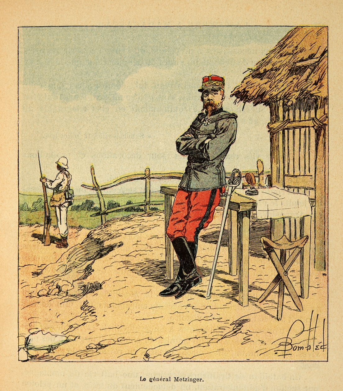 Kriget i Madagaskar-Anekdotisk historia om de franska expeditionerna 1885-1895 av Henri Galli dit Galllichet (1854-1922), illustrerad av Louis Bombled (1862-1927): Porträtt av general Metzinger på Madagaskar 1895, privat samling av Louis Charles Bombled