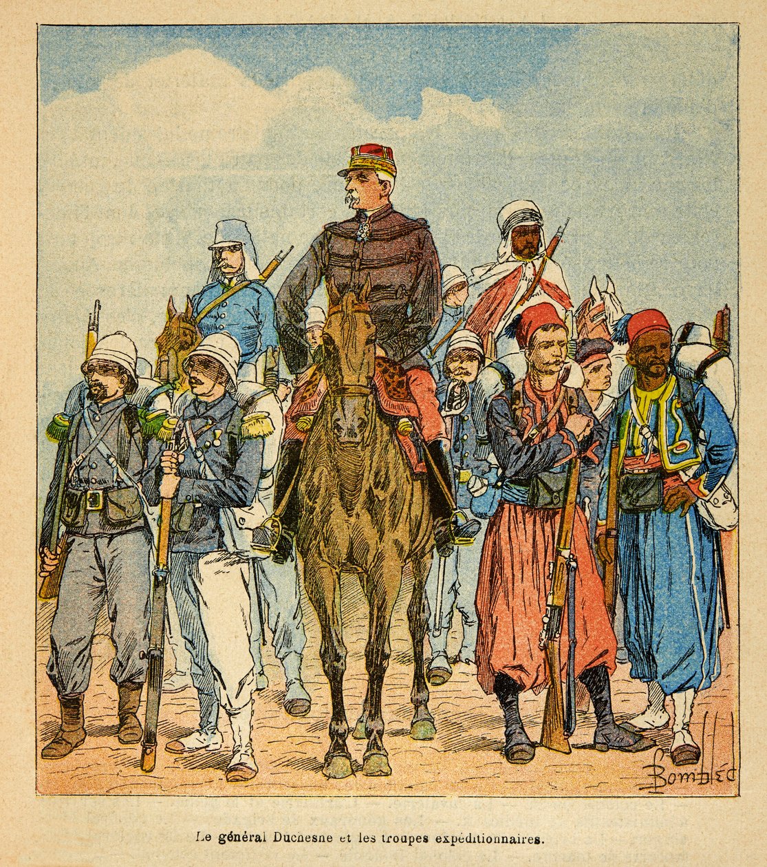 Kriget i Madagaskar-Anekdotisk historia om de franska expeditionerna 1885-1895 av Henri Galli dit Galllichet (1854-1922), illustrerad av Louis Bombled (1862-1927): General Duchesne med Madagaskars expeditionstrupper, privat samling av Louis Charles Bombled