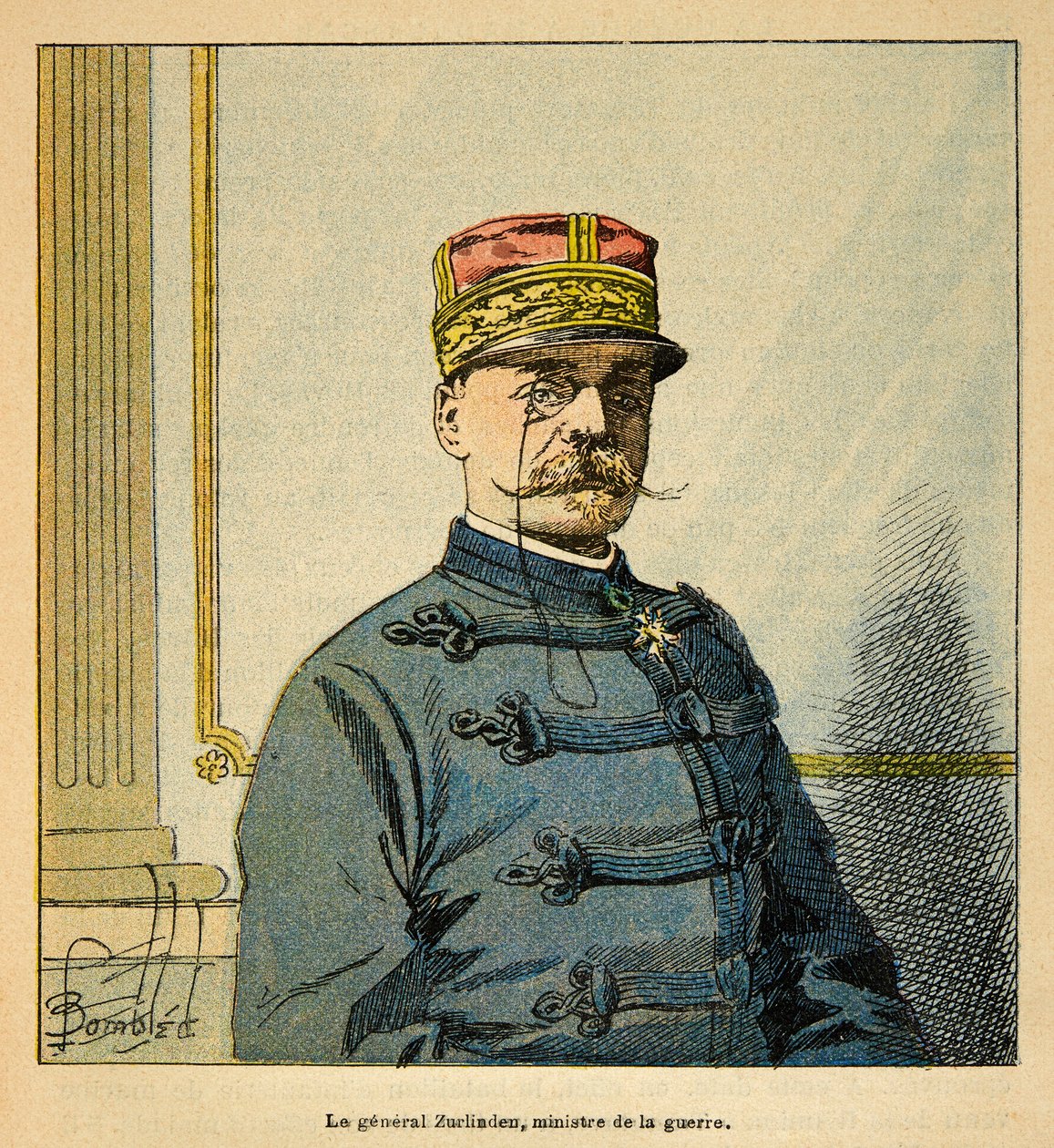 Kriget i Madagaskar-Anekdotisk historia om de franska expeditionerna 1885-1895 av Henri Galli dit Galllichet (1854-1922), illustrerad av Louis Bombled (1862-1927): Porträtt av general Emile Auguste Francois Zurlinden (1837-1929), minister of War, menig C av Louis Charles Bombled