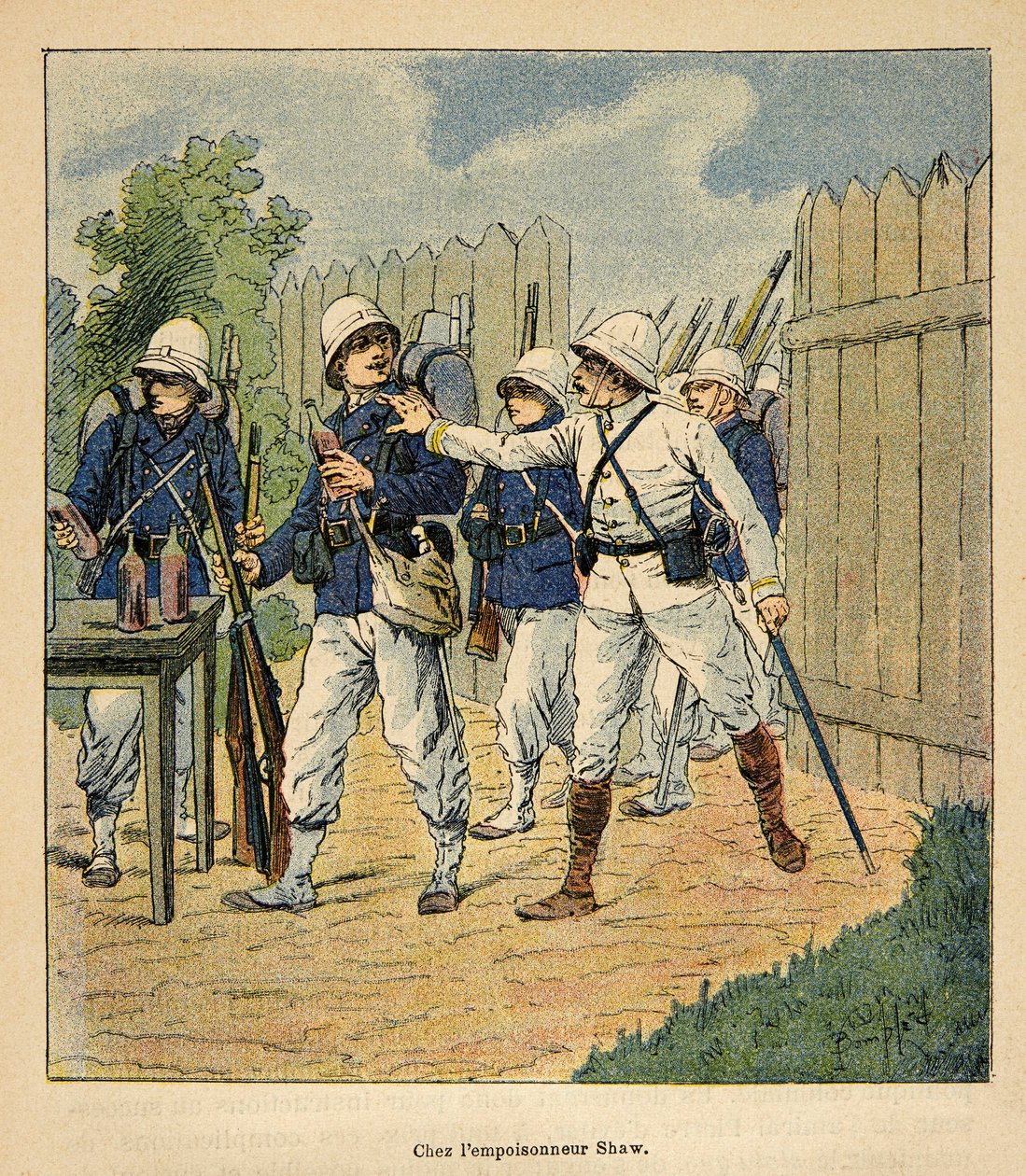 The War in Madagascar-Anecdotal History of the French Expeditions of 1885-1895 av Henri Galli dit Galllichet (1854-1922), illustrerad av Louis Bombled (1862-1927): Franska trupper vid förgiftaren Shaw 1884 (engelsk metodistpastor som hade lämnas förgiftad  av Louis Charles Bombled
