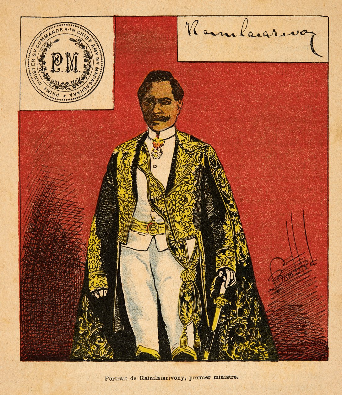 Kriget i Madagaskar-Anekdotisk historia om de franska expeditionerna 1885-1895 av Henri Galli dit Galllichet (1854-1922), illustrerad av Louis Bombled (1862-1927): Porträtt av premiärminister Rainilaiarivony (1828-1896), privat samling av Louis Charles Bombled