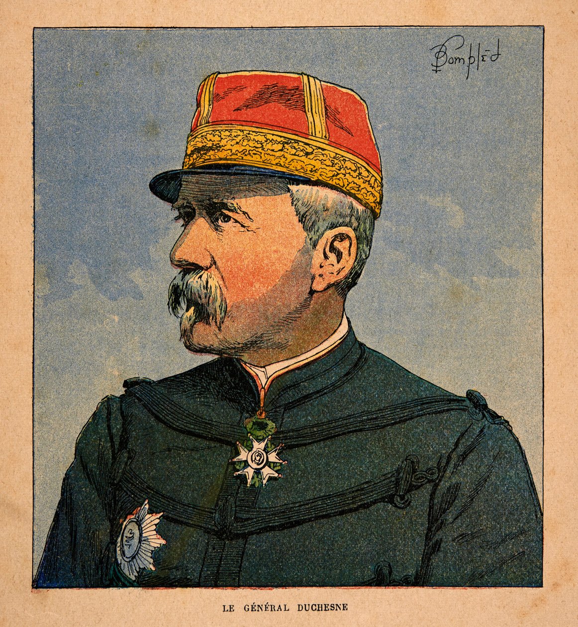 Kriget i Madagaskar-Anekdotisk historia om de franska expeditionerna 1885-1895 av Henri Galli dit Galllichet (1854-1922), illustrerad av Louis Bombled (1862-1927): Porträtt av general Duchesne (1837-1918) överbefälhavare av den franska expeditionsstyrkan av Louis Charles Bombled