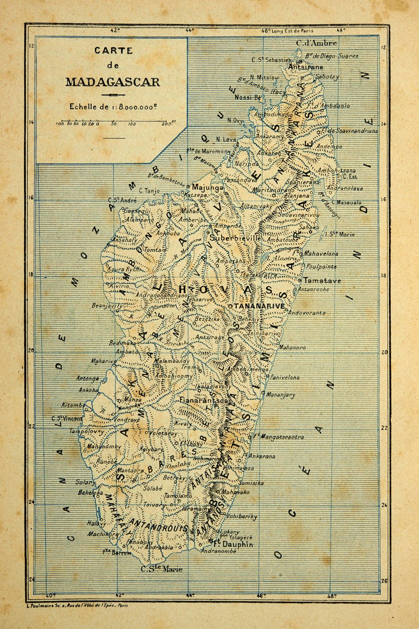 Kriget i Madagaskar-Anekdotisk historia om de franska expeditionerna 1885-1895 av Henri Galli dit Galllichet (1854-1922), illustrerad av Louis Bombled (1862-1927): Karta över Madagaskar, privat samling av Louis Charles Bombled