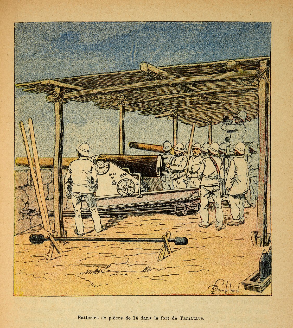 Kriget i Madagaskar-Anekdotisk historia om de franska expeditionerna 1885-1895 av Henri Galli dit Galllichet (1854-1922), illustrerad av Louis Bombled (1862-1927): Trummor av 14 stycken i Fortet i Tamatave 1895, privat samling av Louis Charles Bombled