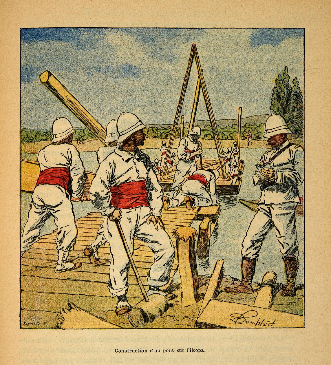 The War in Madagascar-Anecdotal History of the French Expeditions of 1885-1895 av Henri Galli dit Galllichet (1854-1922), illustrerad av Louis Bombled (1862-1927): Konstruktion av en bro av ande på Ikopa-floden 1895, Privat samling av Louis Charles Bombled