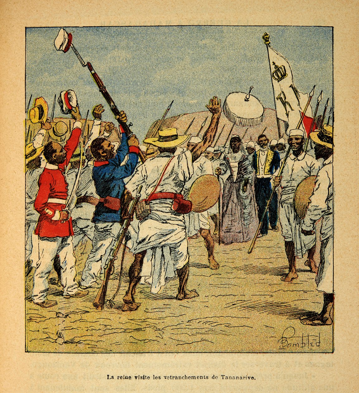 Kriget i Madagaskar-Anekdotisk historia om de franska expeditionerna 1885-1895 av Henri Galli dit Galllichet (1854-1922), illustrerad av Louis Bombled (1862-1927): Drottning Ranavalona besöker Tananarives skansar 1895, privat samling av Louis Charles Bombled