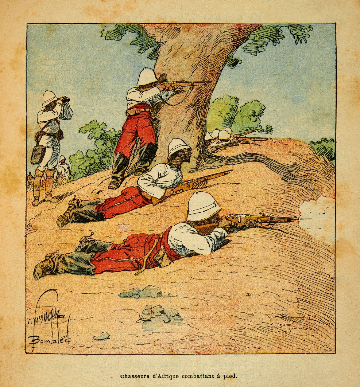 Kriget i Madagaskar-Anekdotisk historia om de franska expeditionerna 1885-1895 av Henri Galli dit Galllichet (1854-1922), illustrerad av Louis Bombled (1862-1927): Afrikas jägare slåss till fots i Madagaskar 1895, privat samling av Louis Charles Bombled