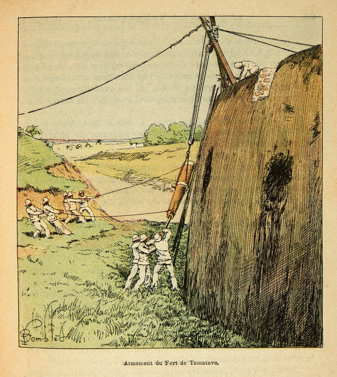 Kriget i Madagaskar-Anekdotisk historia om de franska expeditionerna 1885-1895 av Henri Galli dit Galllichet (1854-1922), illustrerad av Louis Bombled (1862-1927): Arming the Fort of Tamatave av franska trupper 1895, privat samling av Louis Charles Bombled