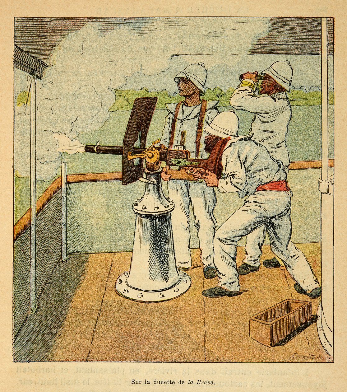 The War in Madagascar-Anekdotisk historia om de franska expeditionerna 1885-1895 av Henri Galli dit Galllichet (1854-1922), illustrerad av Louis Bombled (1862-1927): Kanonskott på Hovas ombord på kanoniern "" La Brave "" år 1895, Privat samling av Louis Charles Bombled