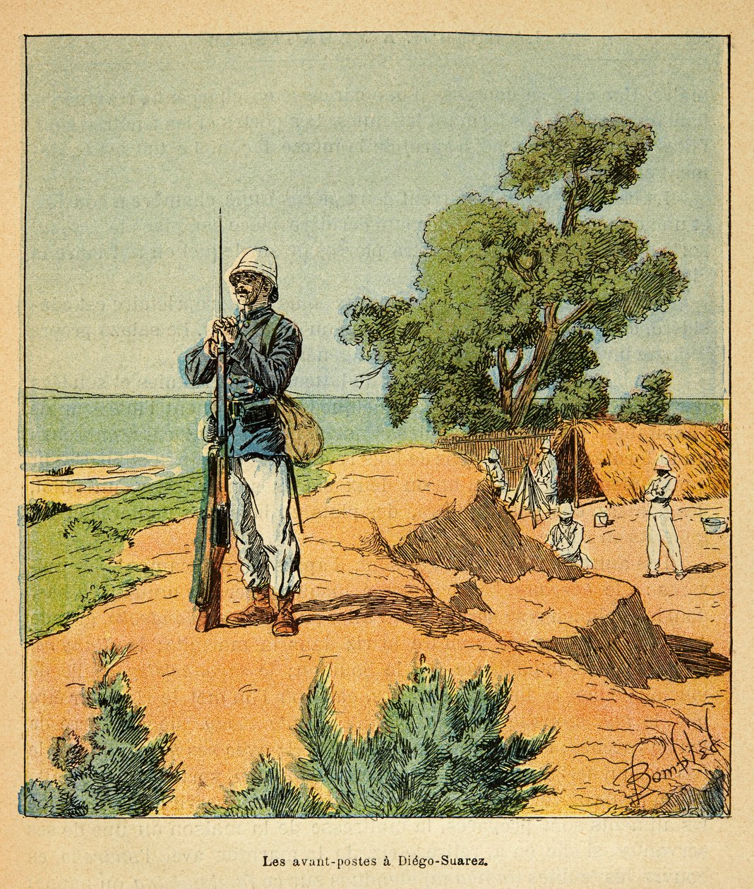 Kriget i Madagaskar - en anekdotisk historia om de franska expeditionerna 1885-1895 av Henri Galli dit Galllichet (1854-1922), illustrerad av Louis Bombled (1862-1927): Fransk utpost i Diego-Suarez på Madagaskar 1885, privat samling. av Louis Charles Bombled
