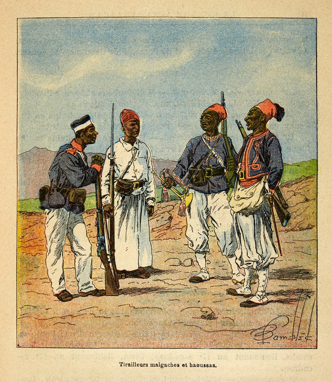 Kriget i Madagaskar - en anekdotisk historia om de franska expeditionerna 1885-1895 av Henri Galli dit Galllichet (1854-1922), illustrerad av Louis Bombled (1862-1927): Tirailleurs från Madagaskar och Haoussas, privat samling. av Louis Charles Bombled