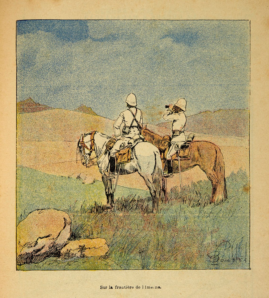 Kriget i Madagaskar-Anekdotisk historia om de franska expeditionerna 1885-1895 av Henri Galli dit Galllichet (1854-1922), illustrerad av Louis Bombled (1862-1927): Militär i spaning på gränsen mellan Imerne och Madagaskar 1895, menig Samling av Louis Charles Bombled