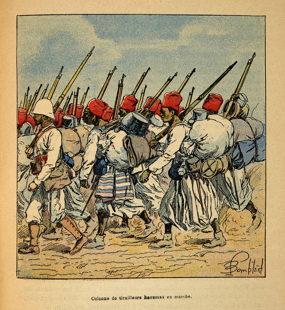 Kriget i Madagaskar-Anekdotisk historia om de franska expeditionerna 1885-1895 av Henri Galli dit Galllichet (1854-1922), illustrerad av Louis Bombled (1862-1927): Kolumn av Haoussas Tirailleurs marsch 1895, privat samling av Louis Charles Bombled