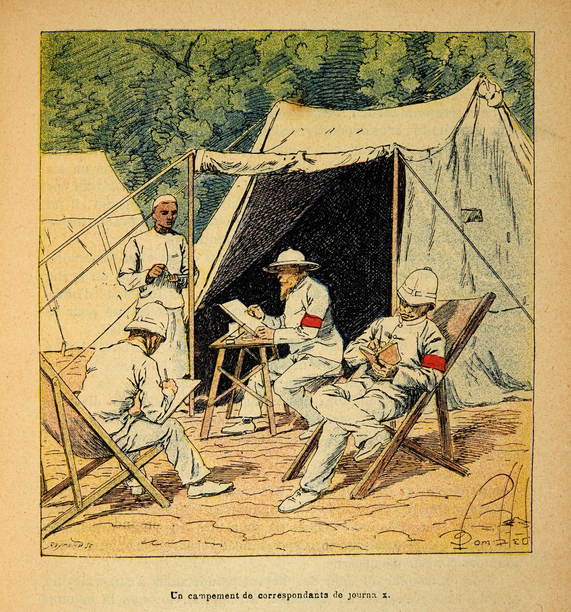 Kriget i Madagaskar - en anekdotisk historia om de franska expeditionerna 1885-1895 av Henri Galli dit Galllichet (1854-1922), illustrerad av Louis Bombled (1862-1927): Ett läger med tidningskorrespondenter på Madagaskar 1895, privat samling. av Louis Charles Bombled