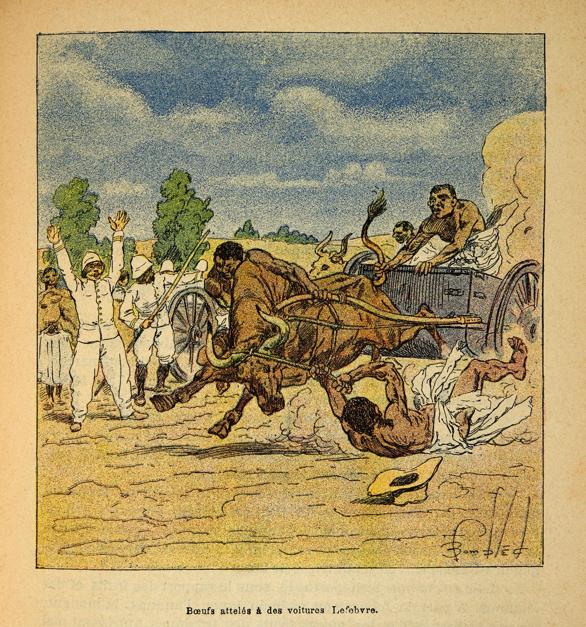 Kriget i Madagaskar-Anekdotisk historia om de franska expeditionerna 1885-1895 av Henri Galli dit Galllichet (1854-1922), illustrerad av Louis Bombled (1862-1927): Boeufs nås med bilar Lefebvre, privat samling av Louis Charles Bombled