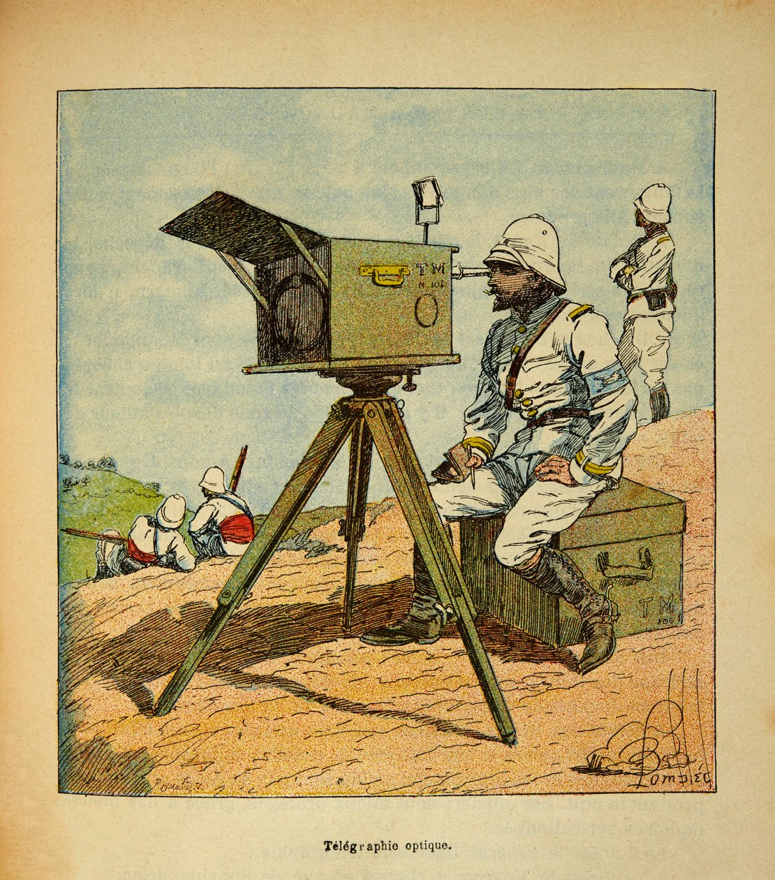 Kriget i Madagaskar-Anekdotisk historia om de franska expeditionerna 1885-1895 av Henri Galli dit Galllichet (1854-1922), illustrerad av Louis Bombled (1862-1927): Optisk telegrafi 1895, privat samling av Louis Charles Bombled