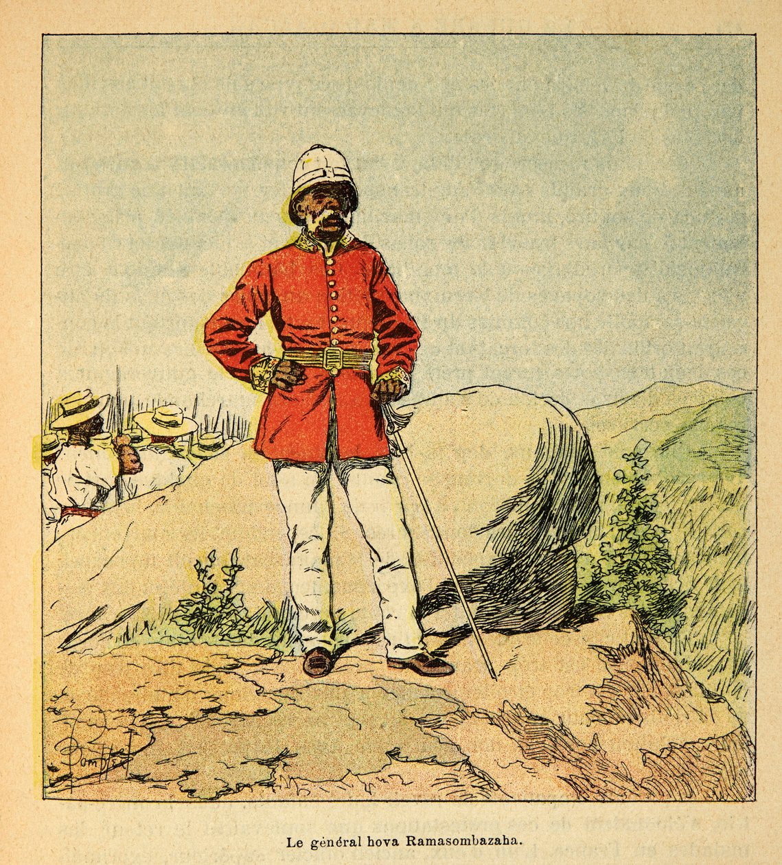 Kriget i Madagaskar-Anekdotisk historia om de franska expeditionerna 1885-1895 av Henri Galli dit Galllichet (1854-1922), illustrerad av Louis Bombled (1862-1927): Porträtt av general Hova Ramasombazaha, privat samling av Louis Charles Bombled