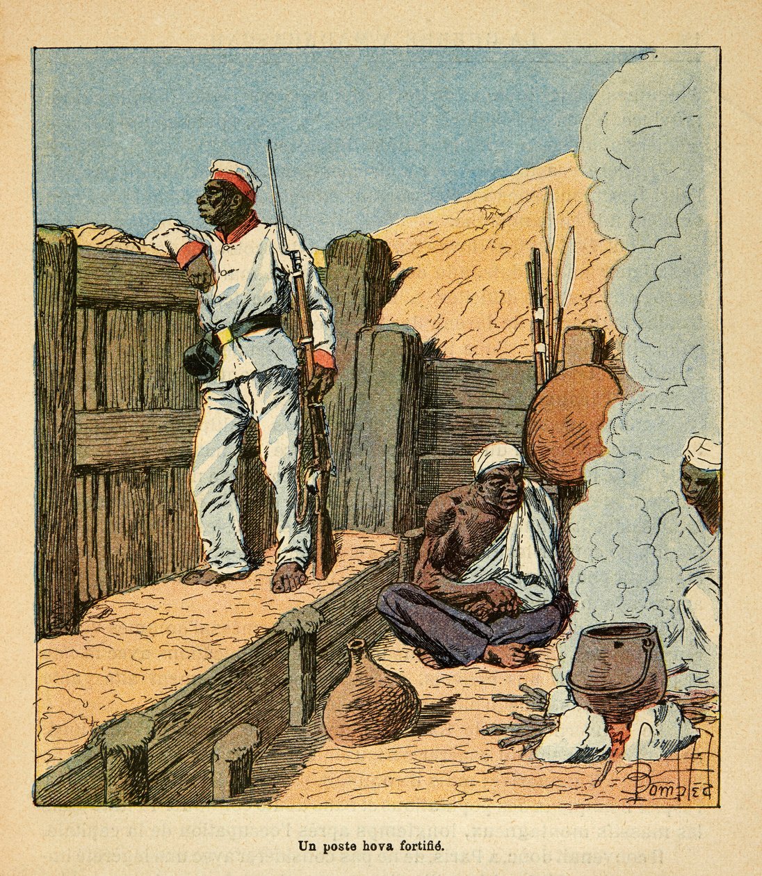 The War in Madagascar-Anecdotal History of the French Expeditions of 1885-1895 af Henri Galli dit Galllichet (1854-1922), illustreret af Louis Bombled (1862-1927): A post Hova fortifies, Private Collectionswed av Louis Charles Bombled