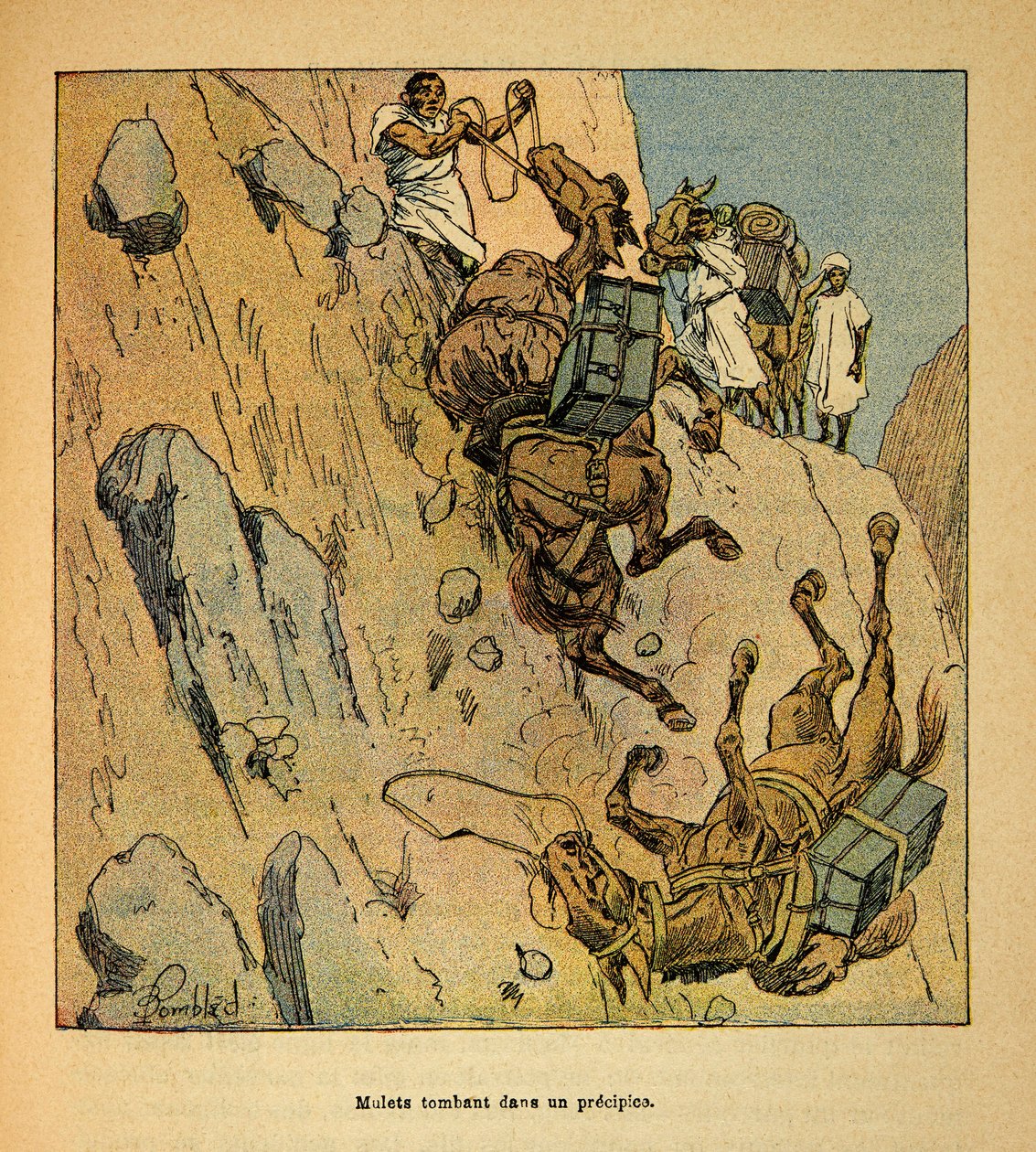 Kriget i Madagaskar-Anekdotisk historia om de franska expeditionerna 1885-1895 av Henri Galli dit Galllichet (1854-1922), illustrerad av Louis Bombled (1862-1927): Mulets av en militärkonvoj som faller i ett stup, särskild samling av Louis Charles Bombled