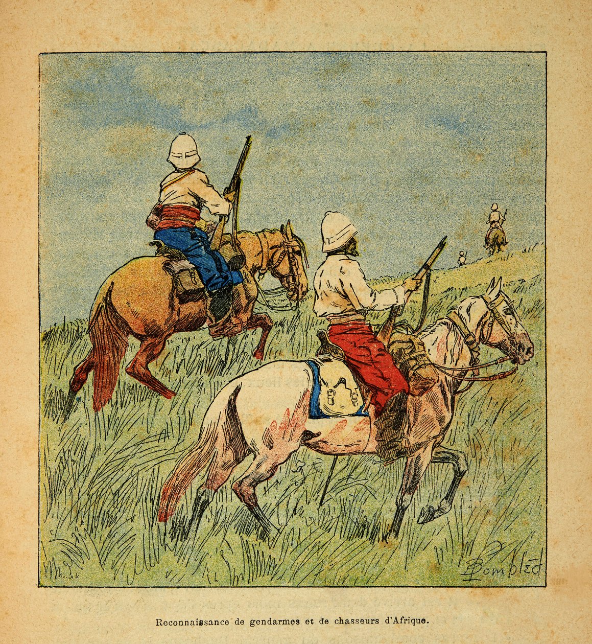 Kriget i Madagaskar-Anekdotisk historia om de franska expeditionerna 1885-1895 av Henri Galli dit Galllichet (1854-1922), illustrerad av Louis Bombled (1862-1927): Erkännande av gendarmer och jägare från Afrika på Madagaskar 1895, Privat samling av Louis Charles Bombled