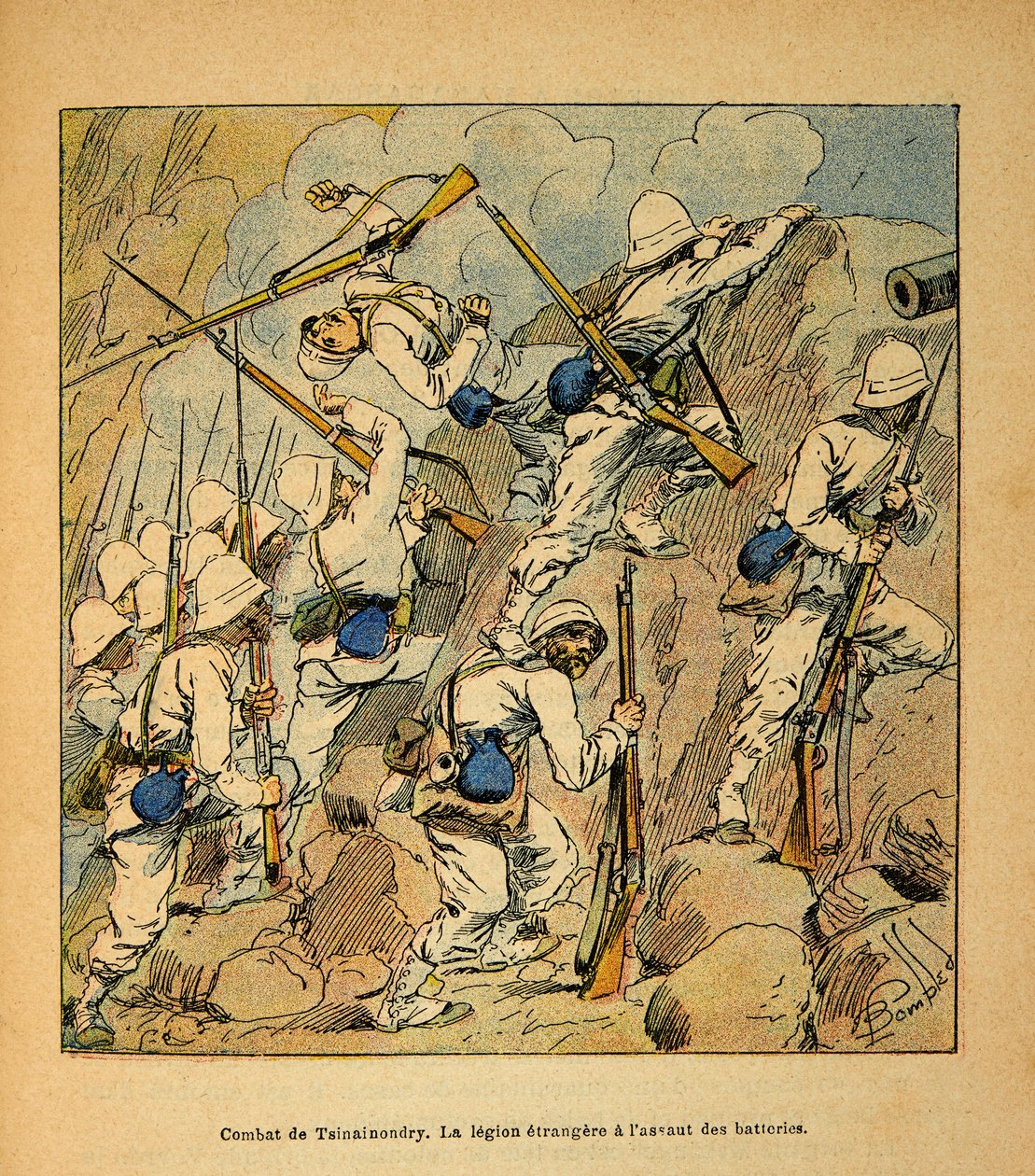 Kriget i Madagaskar-Anekdotisk historia om de franska expeditionerna 1885-1895 av Henri Galli dit Galllichet (1854-1922), illustrerad av Louis Bombled (1862-1927): Slaget vid Tsinainondry, främmande legionen vid anfallet av Hovas-batterierna år 1895, Pr av Louis Charles Bombled
