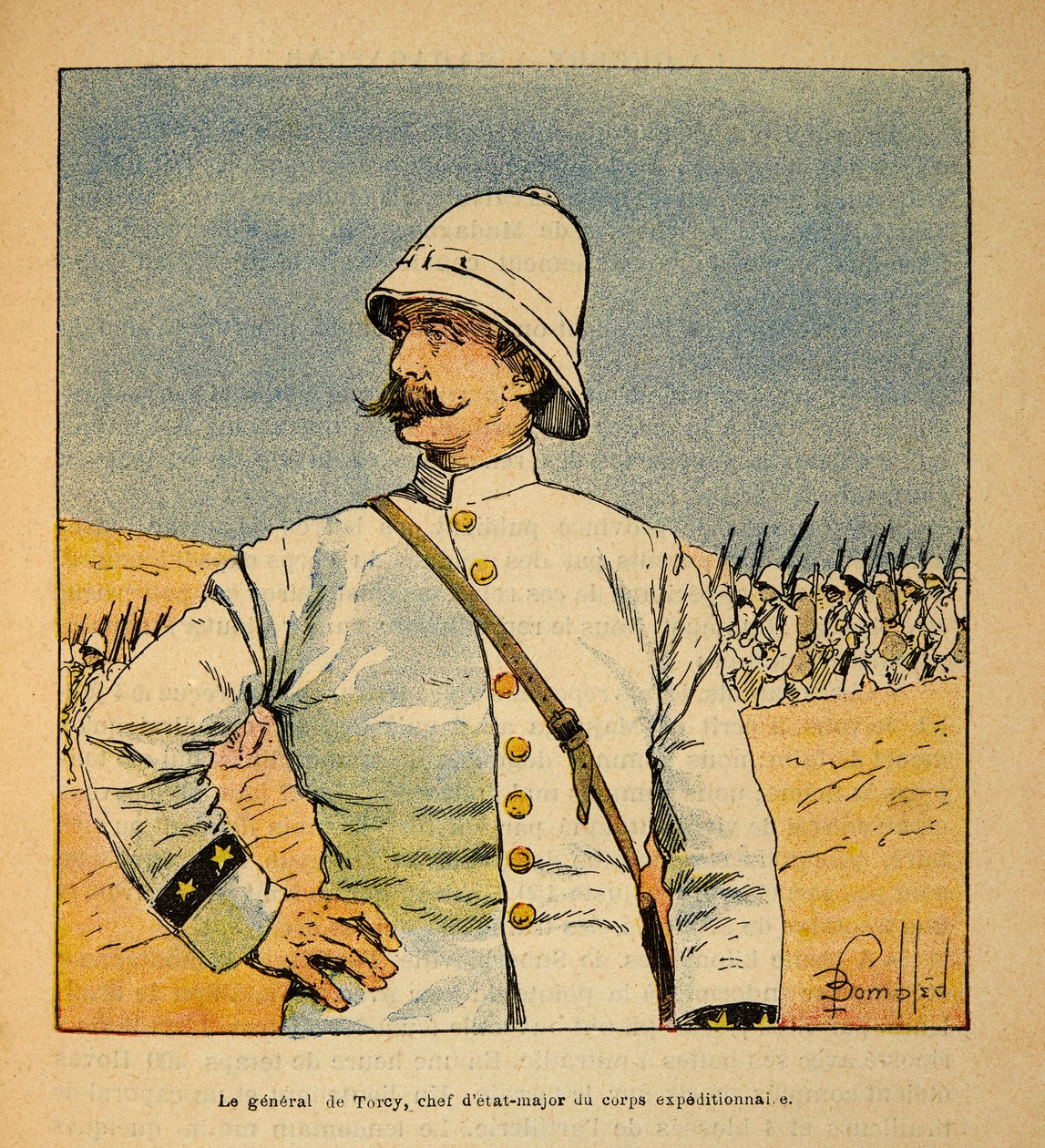 Kriget i Madagaskar-Anekdotisk historia om de franska expeditionerna 1885-1895 av Henri Galli dit Galllichet (1854-1922), illustrerad av Louis Bombled (1862-1927): Porträtt av general De Torcy (1844-1918), stabschef av expeditionsstyrkan i Madag av Louis Charles Bombled